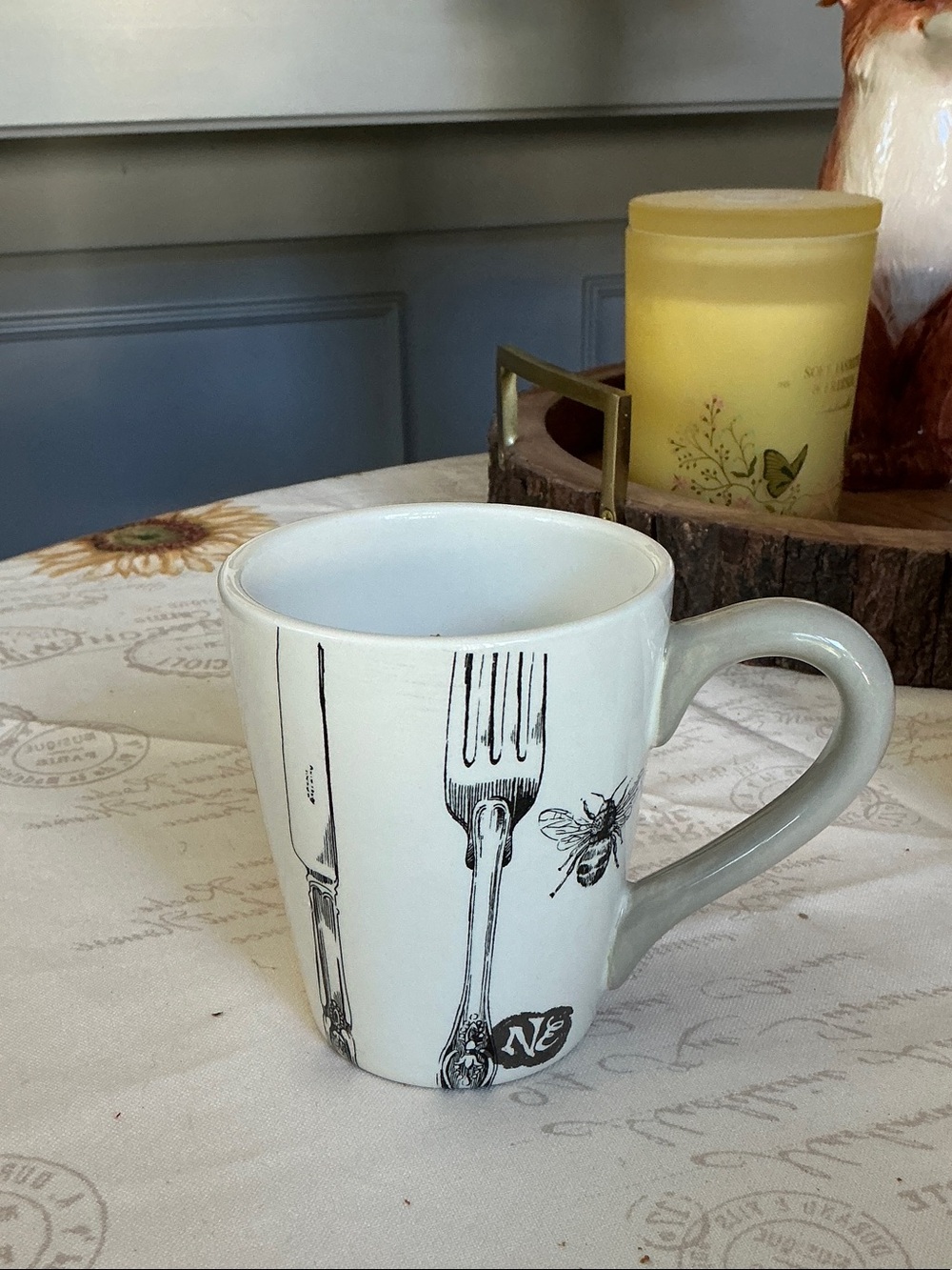 Sur La Table Ceramic Mug with Cutlery & Bumblebee Motif